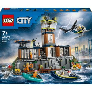 LEGO City 60419: Ilha da Prisão da Polícia com helicóptero, barco e bandidos. Brinquedo infantil.