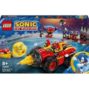 Set LEGO Sonic 76999 Super Sonic vs. Egg Drillster. Figuras do Super Sonic e Dr. Eggman, veículo de combate.