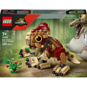 Set LEGO Jurassic World 76970 com o dinossauro bebé Aquilops Dolores em ação. Brinquedo para crianças.