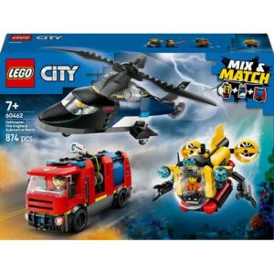 Set LEGO City 60462: Helicóptero, Camião dos Bombeiros e Submarino para crianças