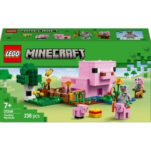 Set LEGO Minecraft 21268: A Casa do Porco Bebé com personagens e acessórios de quinta.