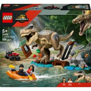 Caixa do set LEGO Jurassic World 76975 Fuga Pelo Rio do T. Rex, com figuras e cenário de aventura.