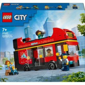 LEGO City 60407 Autocarro Turístico Vermelho de 2 Pisos, com figuras e cenário urbano.
